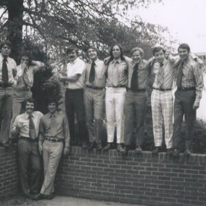 1967 New Members on brick wall in front of SigEp House