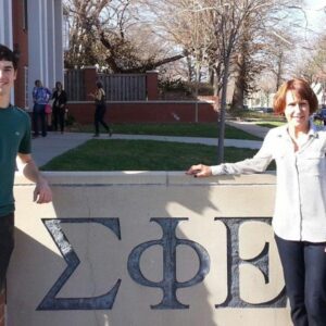 2013 Alex Mars with Mom in front of SigEp sign