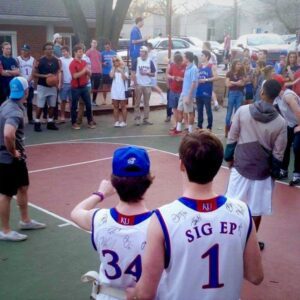 2016 KU Team Devonte Graham and Frank Mason shooting hoops at SigEp after winning the 12th Big 12 Conference Title in February 2016